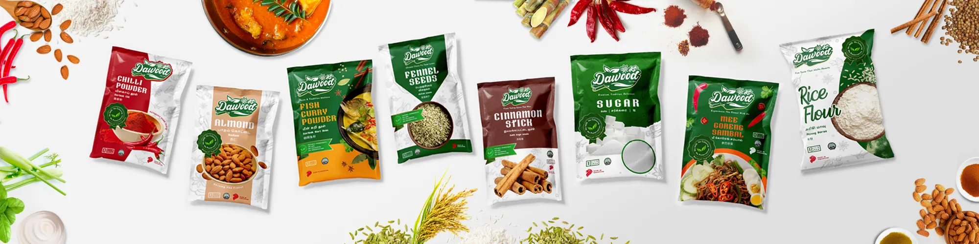 The Dawood house range of packed spices, flour and provisions
