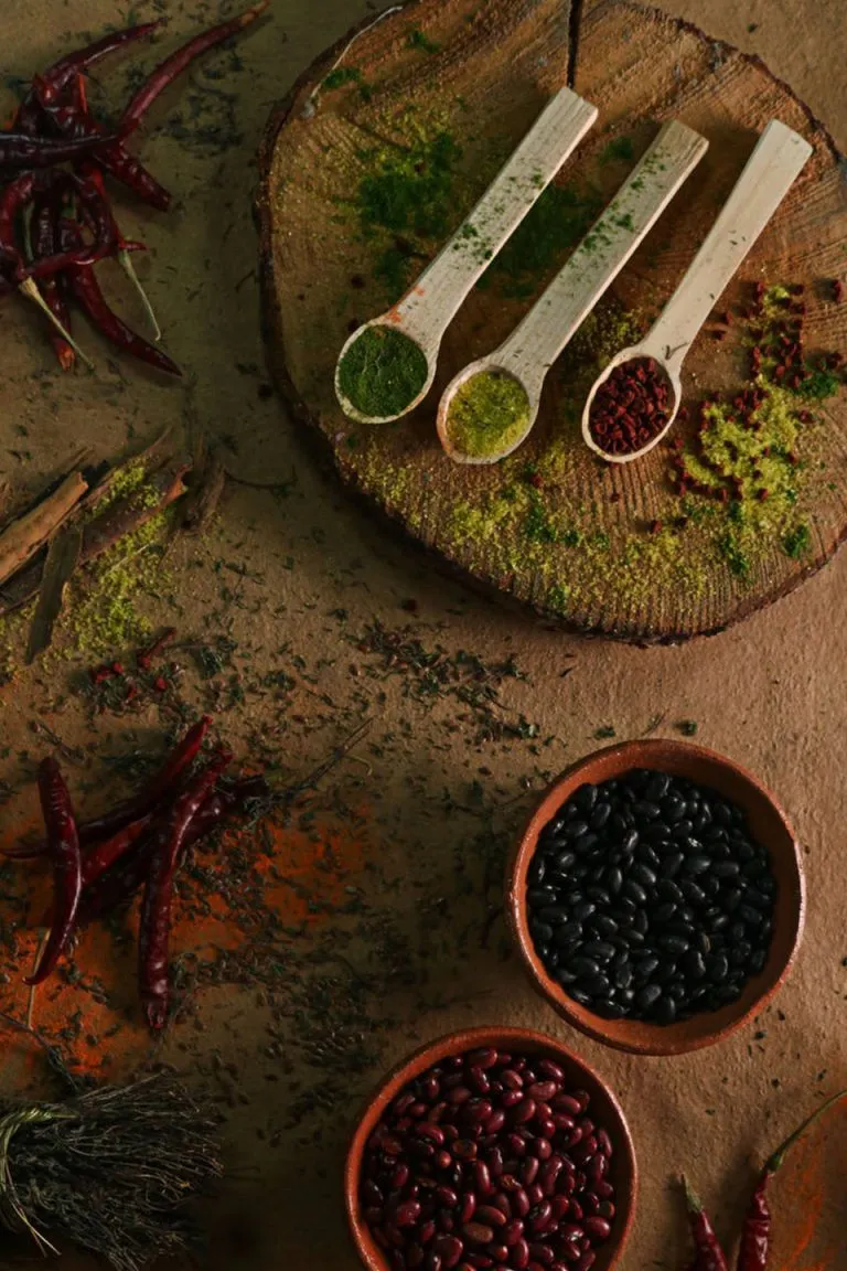 Colourful mounds of spices and provisions